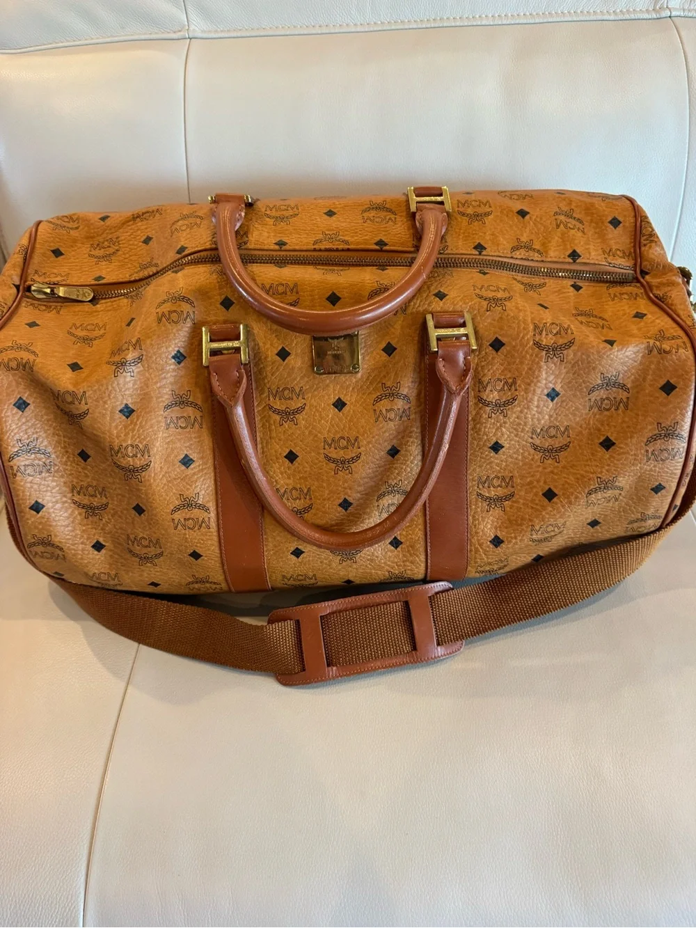 MCM Cognac Monogram Leather-Trim Duffel Bag